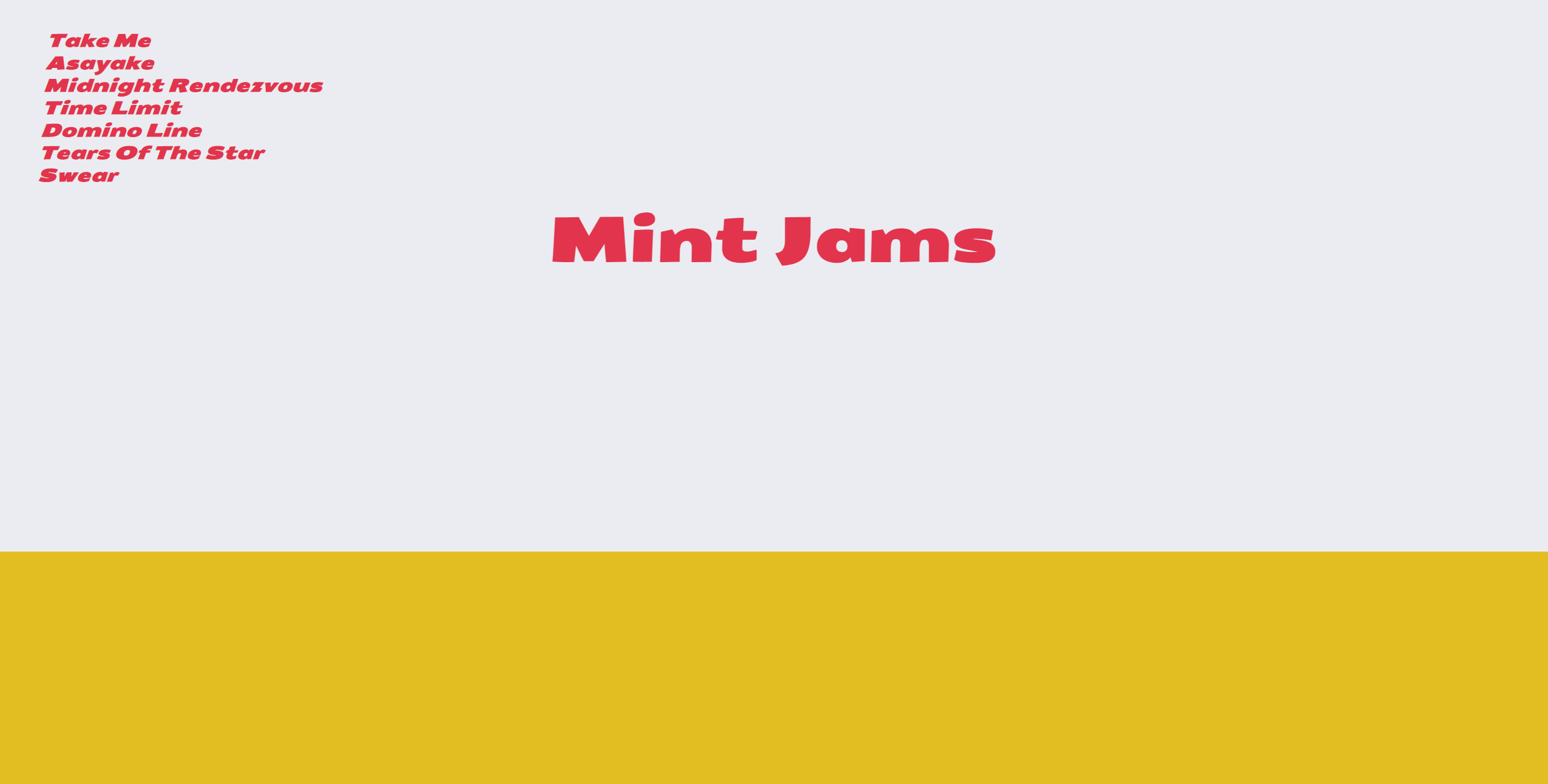 The words 'Mint Jams' on a vertically split background with half off-white and half mustard yellow