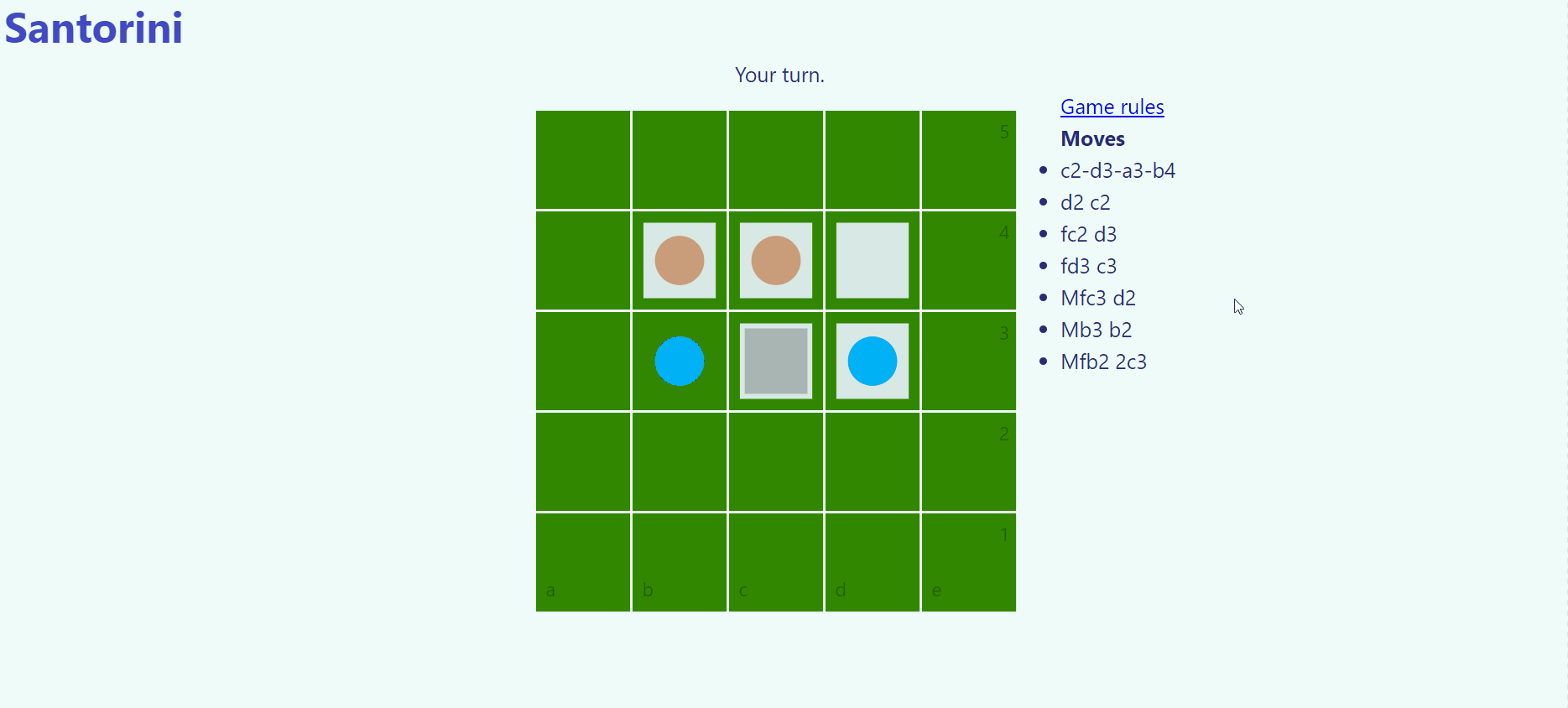 Gameplay example of 2D Santorini