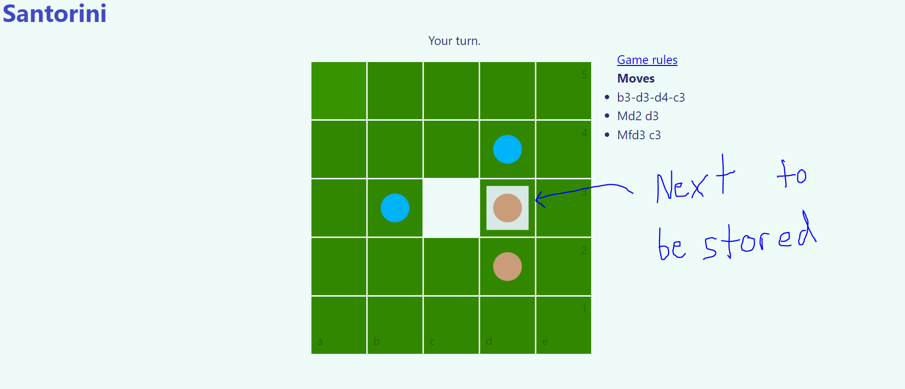 Gameplay example from 2D Santorini with center square missing and arrow highlighter pointing to the adjacent building with 'Next to be stored'