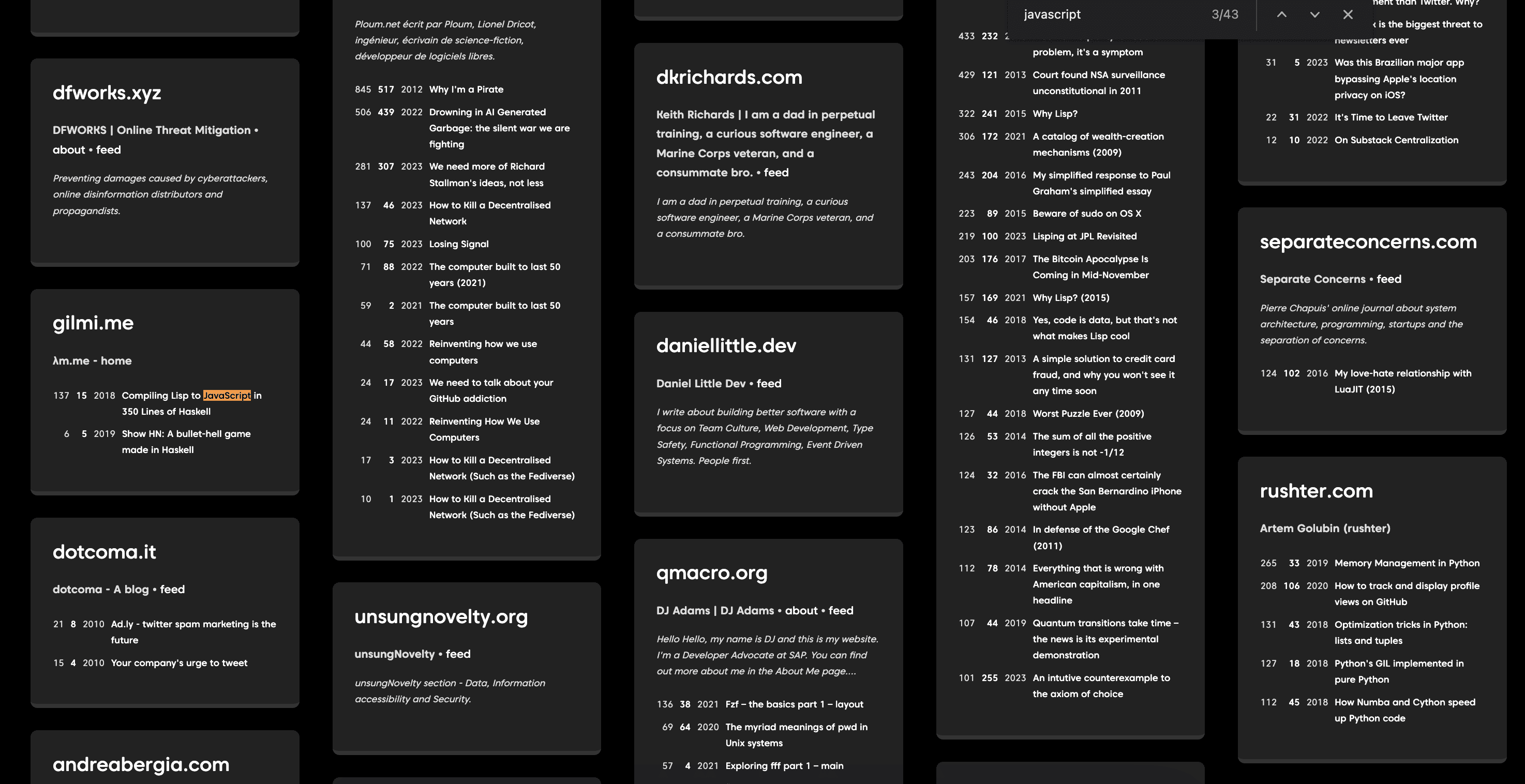 Grid of personal blogs found on Hacker News with titles, descriptions, and posts