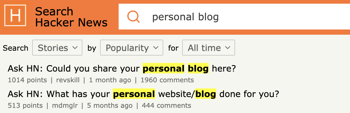 Search results for 'personal blogs' on hn.algolia.com, a search frontend for Hacker News.