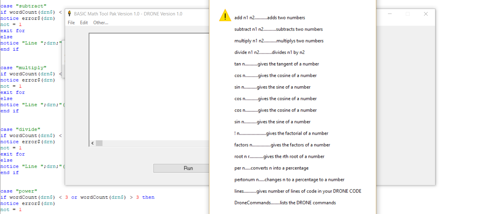 Picture of DRONE langauge commands I wrote inside of a math program I wrote in Liberty BASIC 