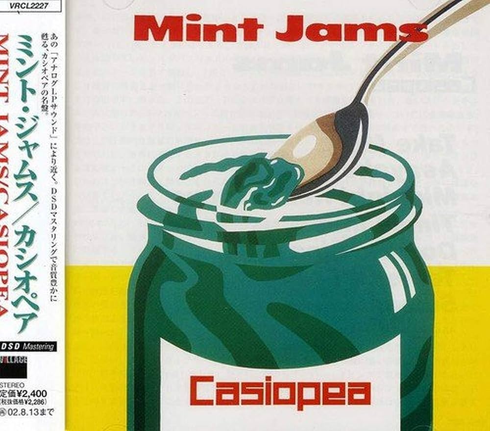 Cover art for Casiopea's 1982 album Minty jams: a spoon scooping some mint jam from a jar with the label Casiopea wrapped around the front of it