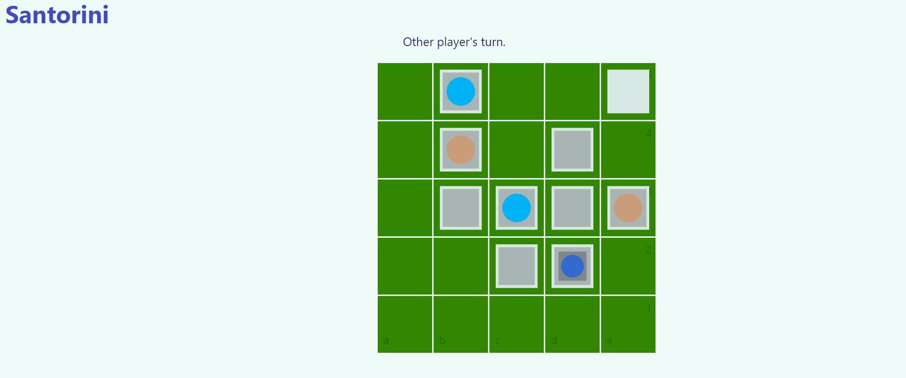 Gameplay example from 2D Santorini with randomly played squares